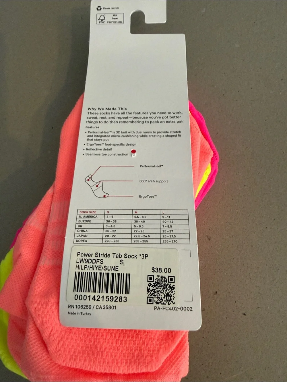 lululemon Power Stride Tab Sock 3-Pack — Hot Pink / Neon Yellow / Neon Orange